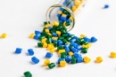 Polymeric dye. Plastic pellets. Colorant for plastics. Pigment in the granules. Polymer beads